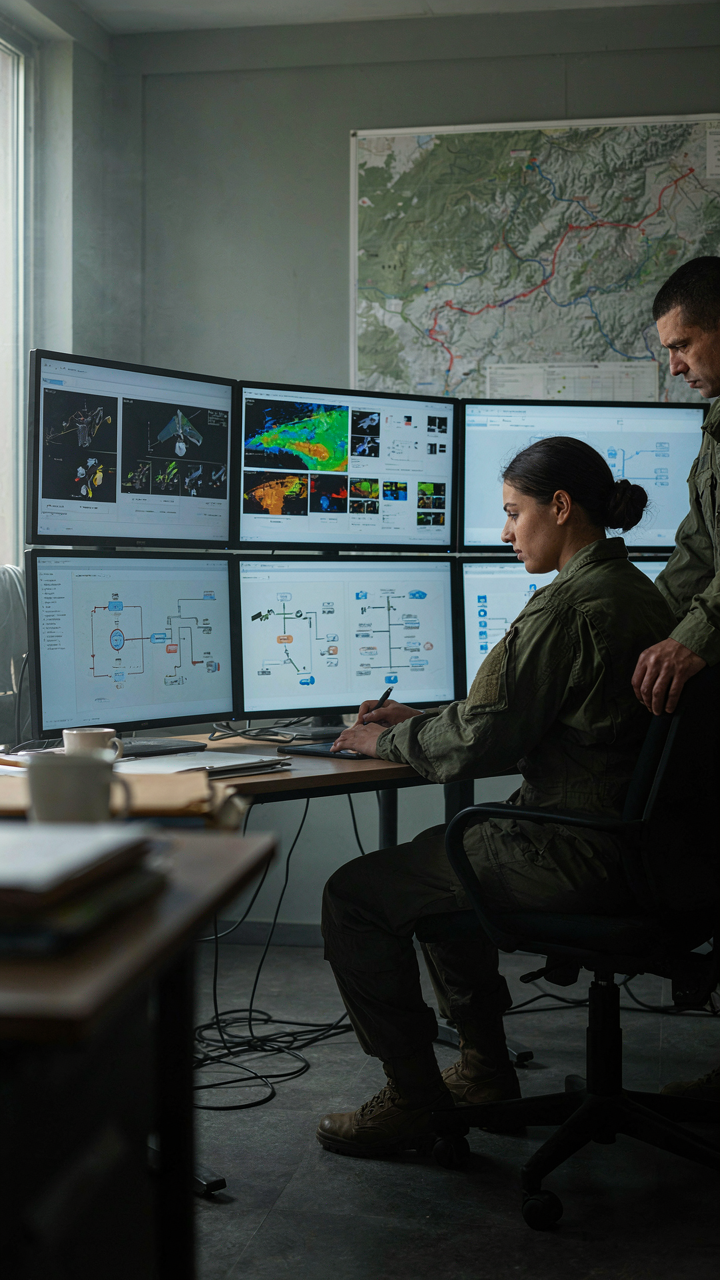 A military command center with monitors showing backup plans for an RV in winter.