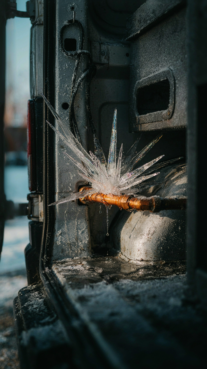 A frozen, burst water pipe in a van, showing ice and damage.