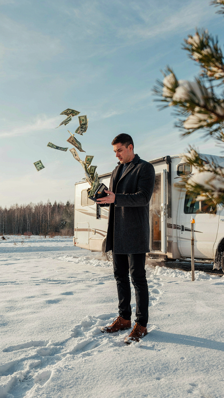 Money bills blow away from a person's open wallet in a snowy RV winter scene.