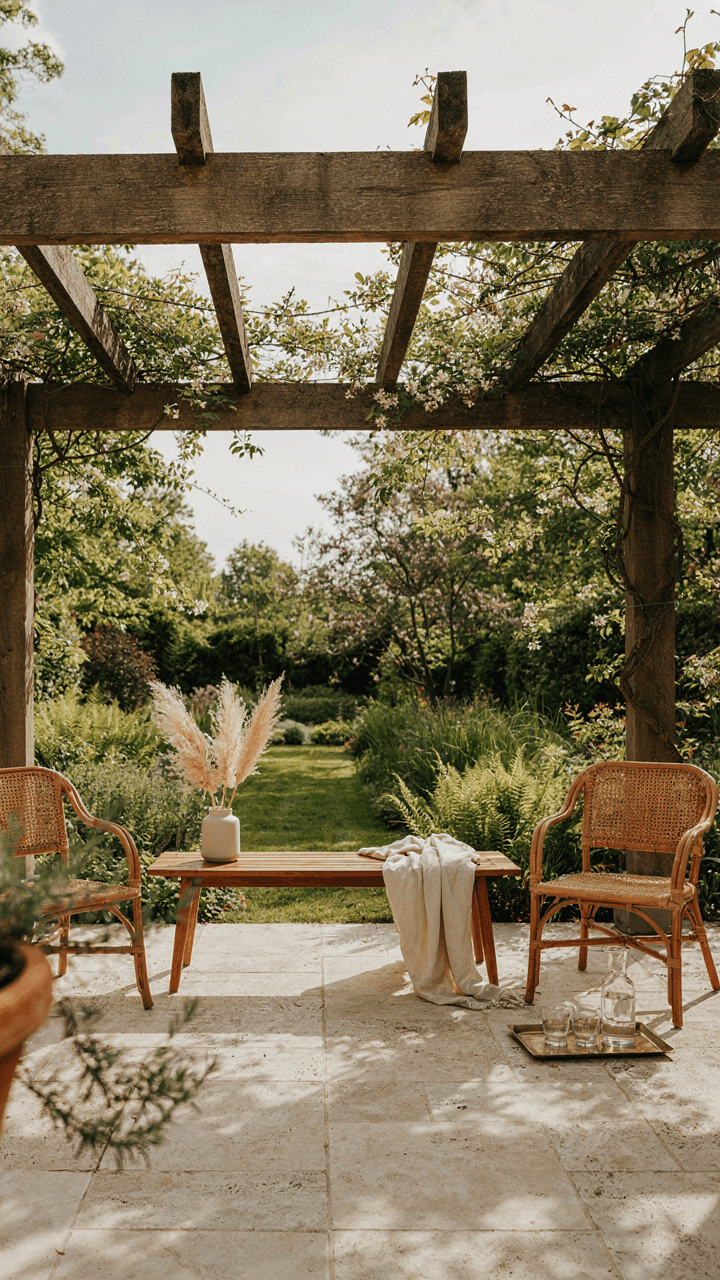 A wooden pergola frames a garden seating area, making it feel intentional.