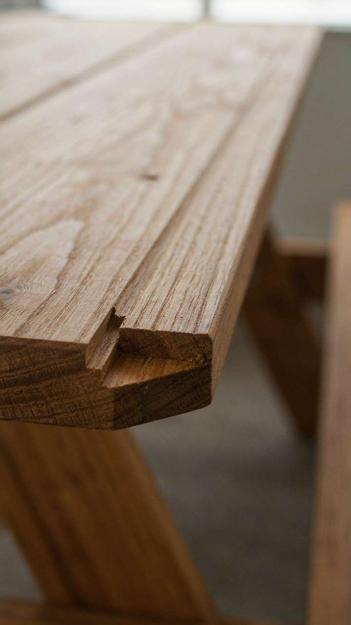 A close up shows a strong wooden joint on a wooden picnic table.