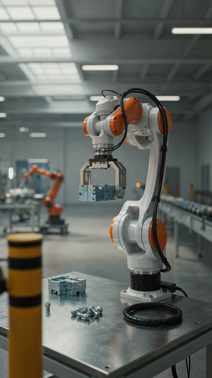 A modular robotic arm works on an assembly line in a factory.