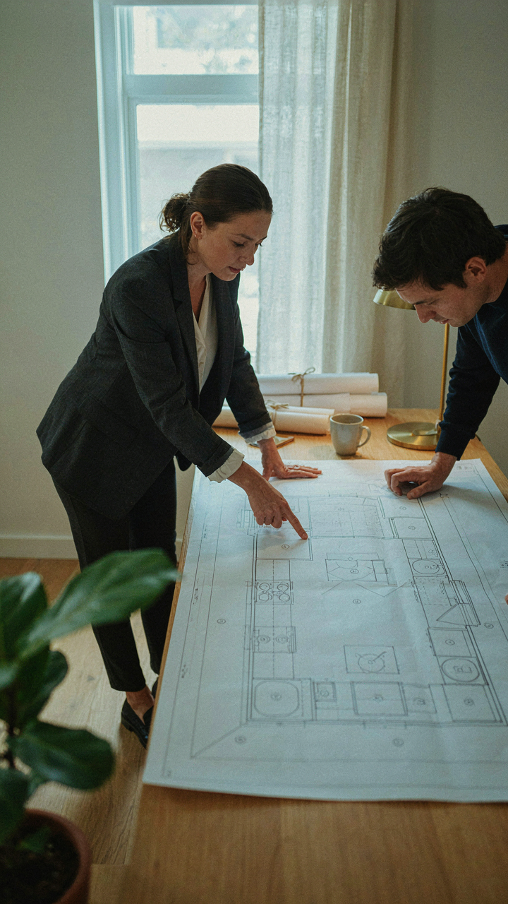 An architect points to a blueprint, showing specific areas for task lighting.