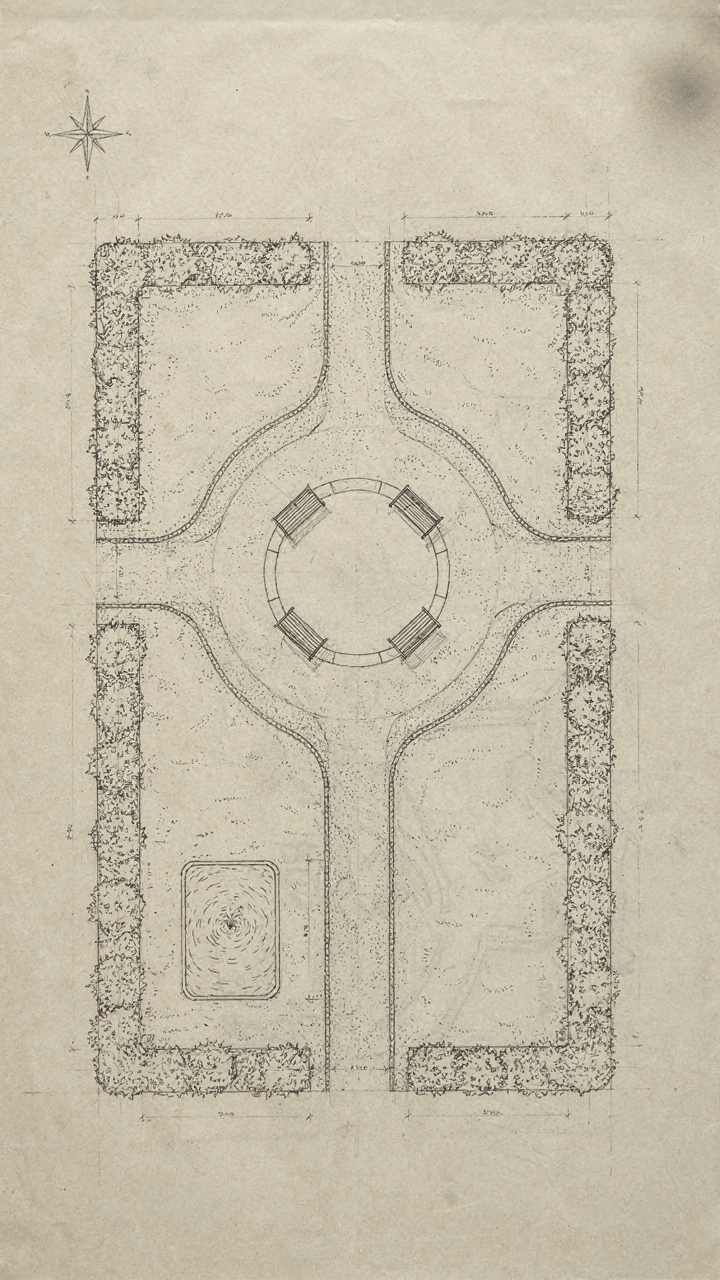 An architect's blueprint showing a planned cottage garden seating area.
