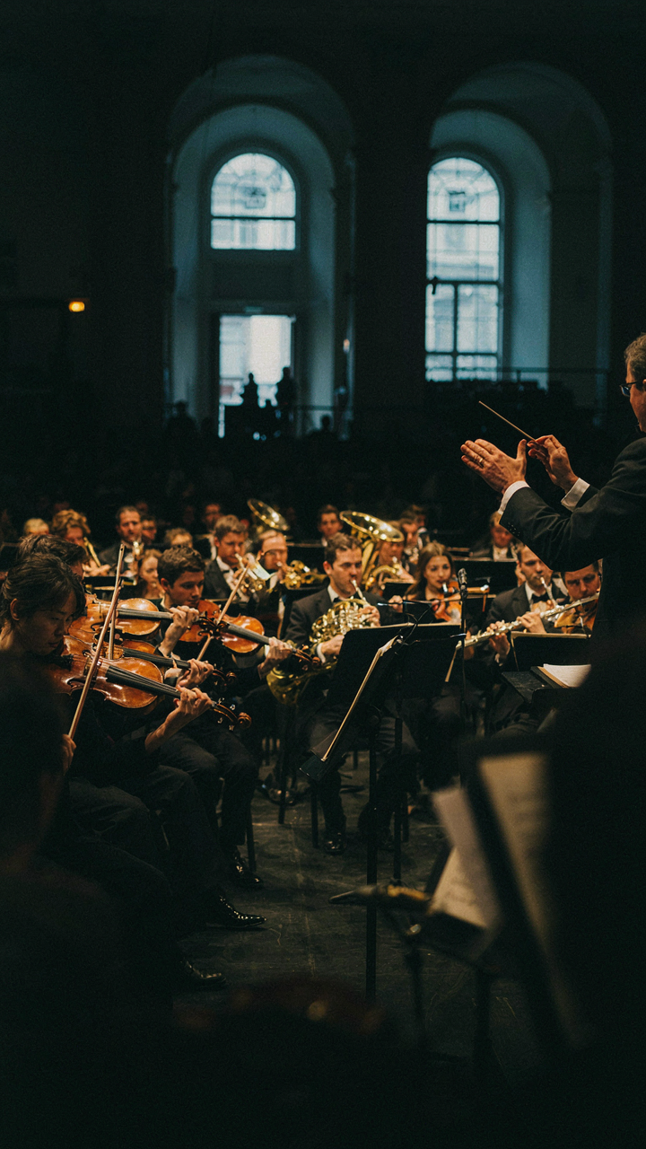 A conductor's hands expertly guide an orchestra with a baton.