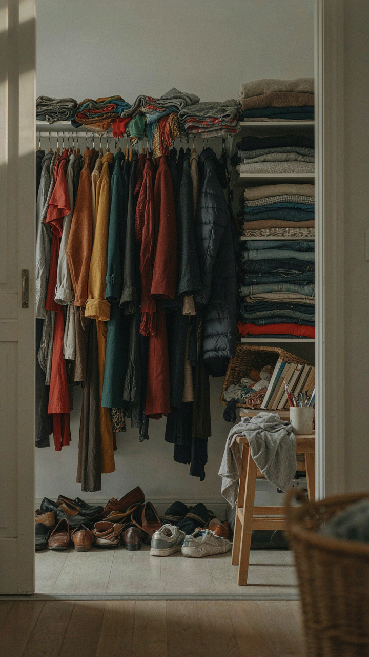 A small, cluttered closet overflowing with too many items.