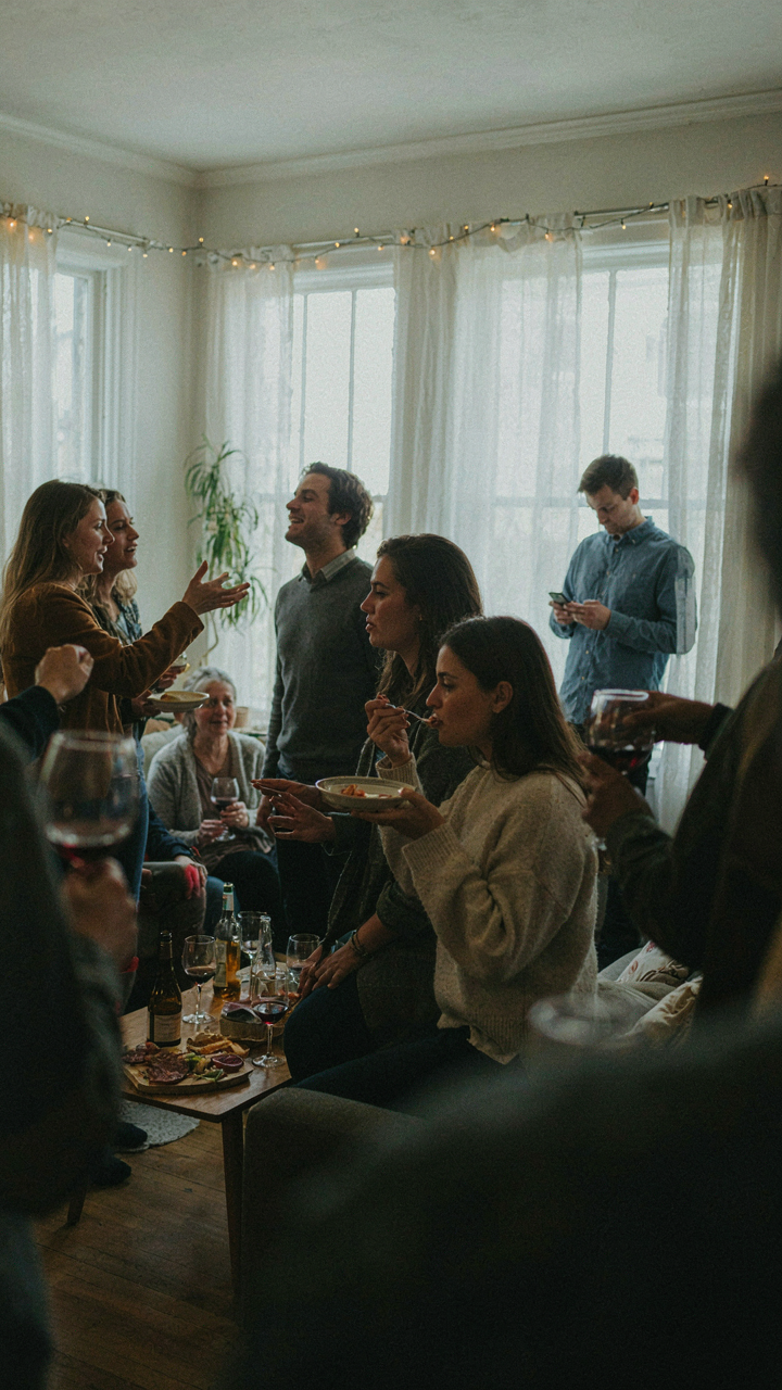 Guests at a party, some talking, others discreetly eating from an unlabeled dish.