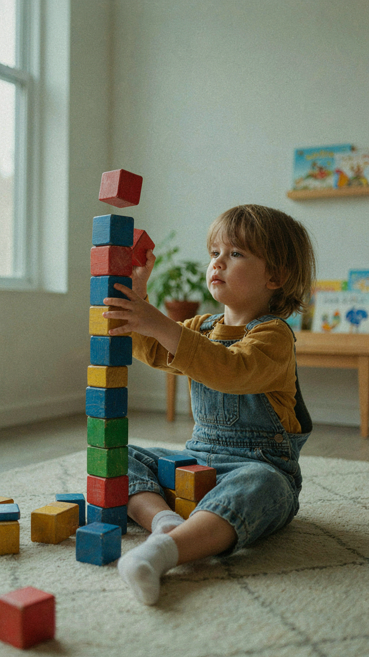 A child stacks building blocks in an unusual, unstable way.