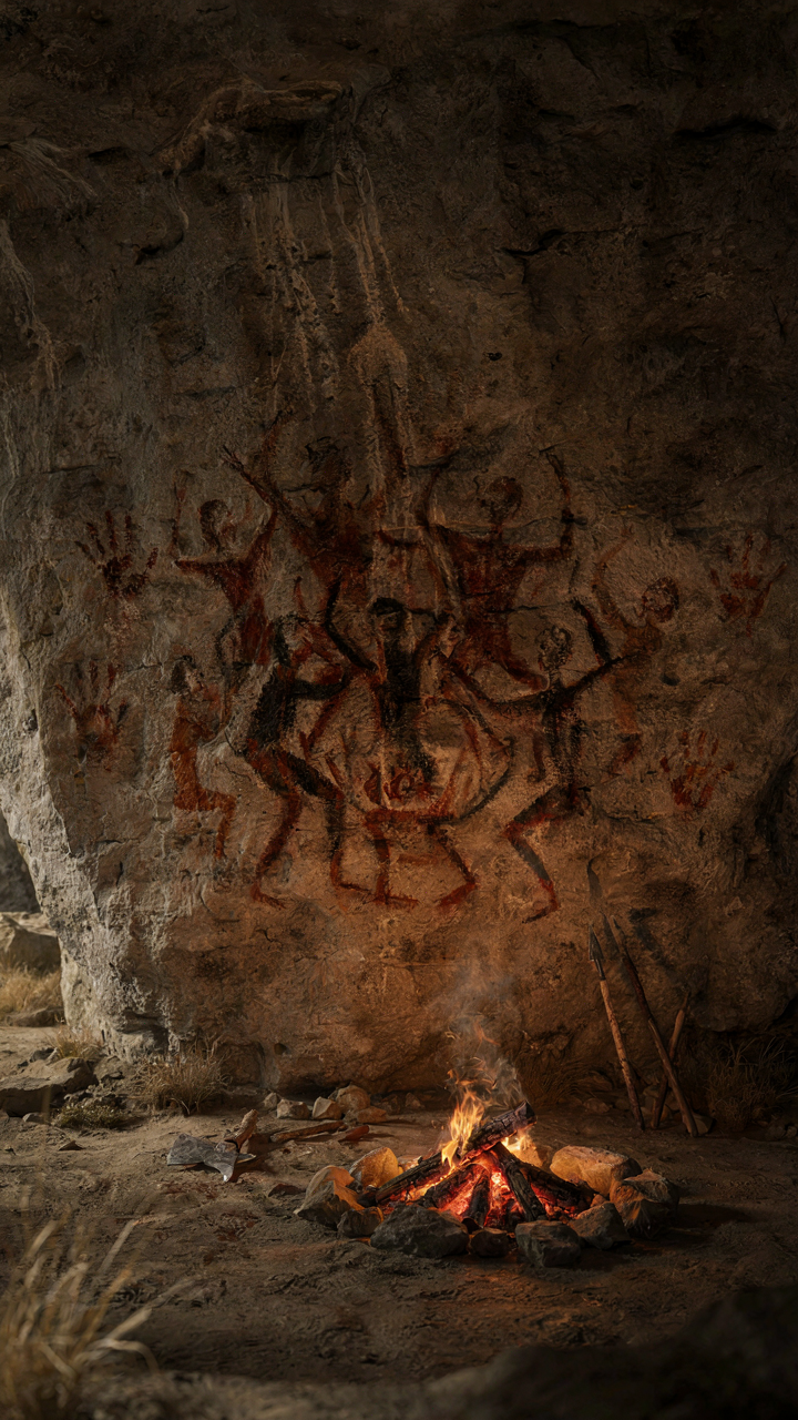Ancient cave painting of early humans keeping warm by a fire.