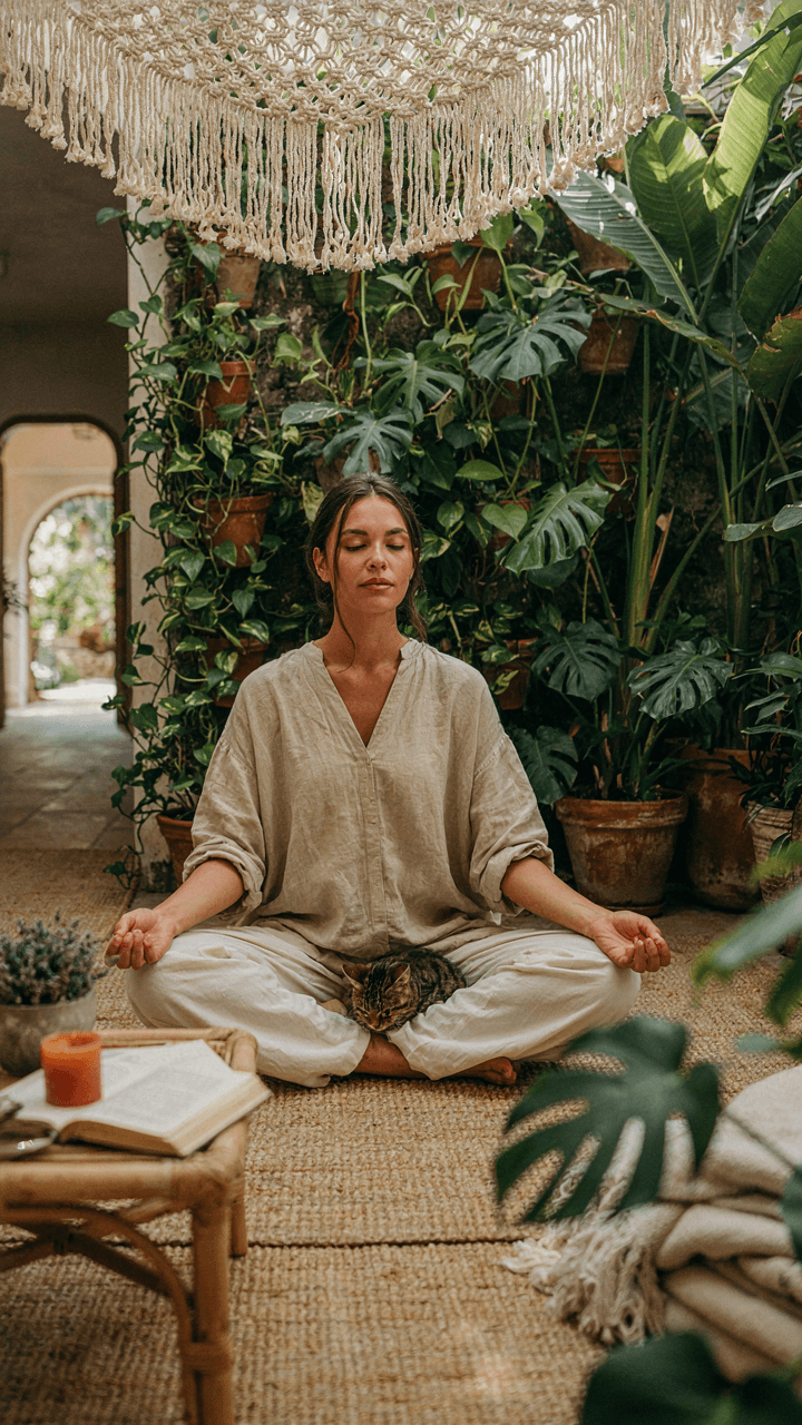 A person meditates peacefully on a boho patio.