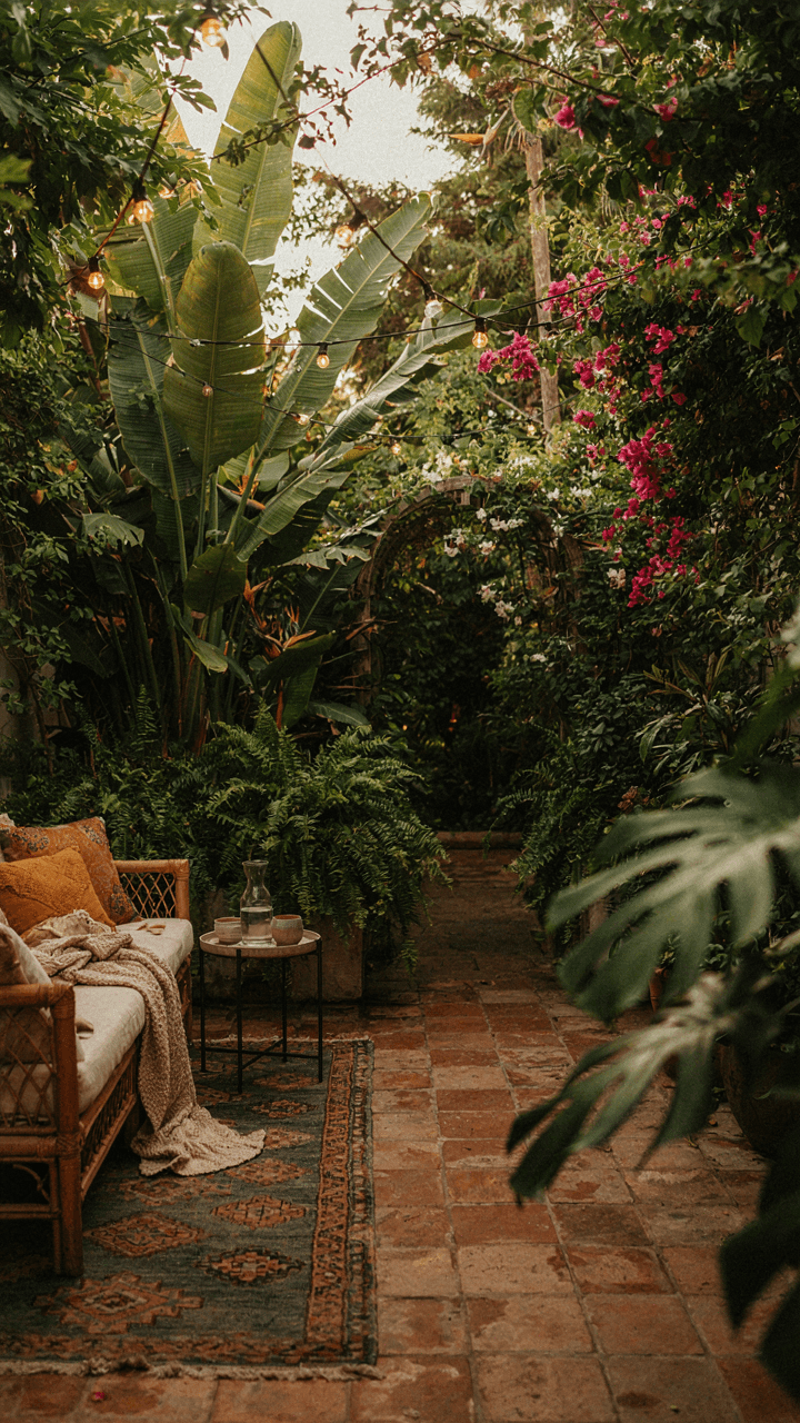 A seamless transition from a patio to a lush garden.