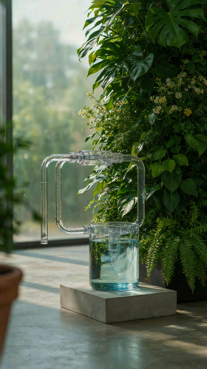 A closed-loop water filtration system shows water recycling and lush plants.
