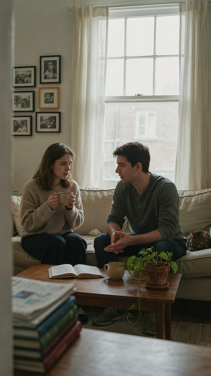 A couple has a deep talk in a small, cozy space.