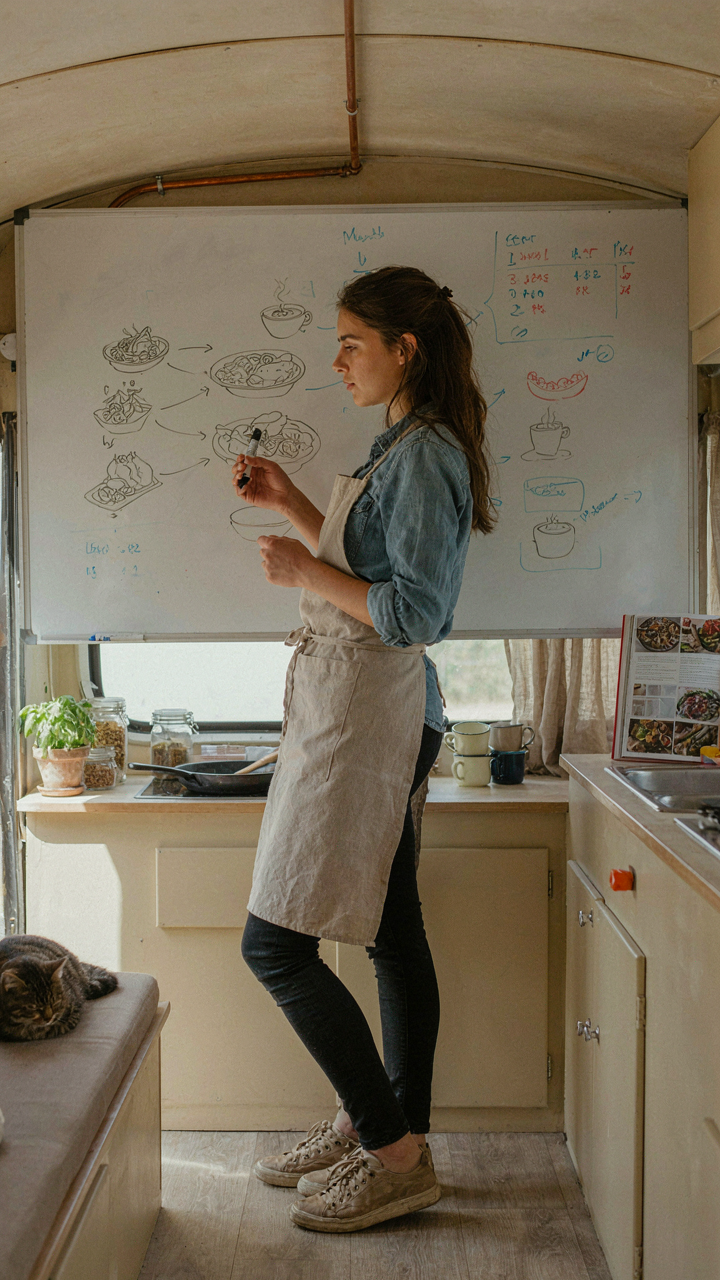 A person plans their cooking on a whiteboard in a bus kitchen.