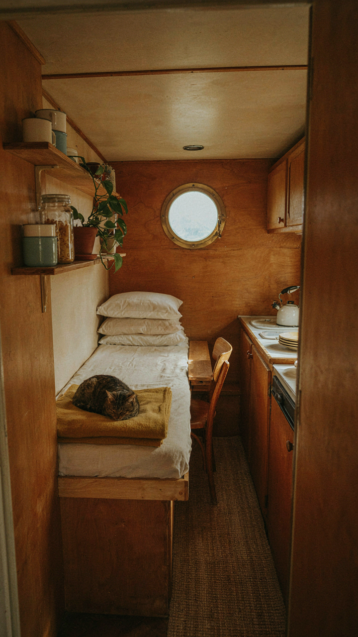 A small, multi-functional vintage camper interior with purposeful items.