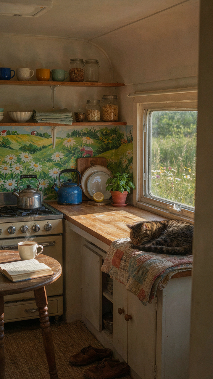 A personalized vintage camper kitchen with hand-painted murals and unique accessories.