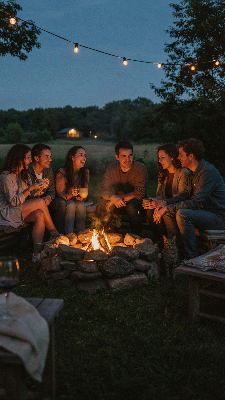 Friends laugh and relax, their faces lit by the warm glow of a fire pit.