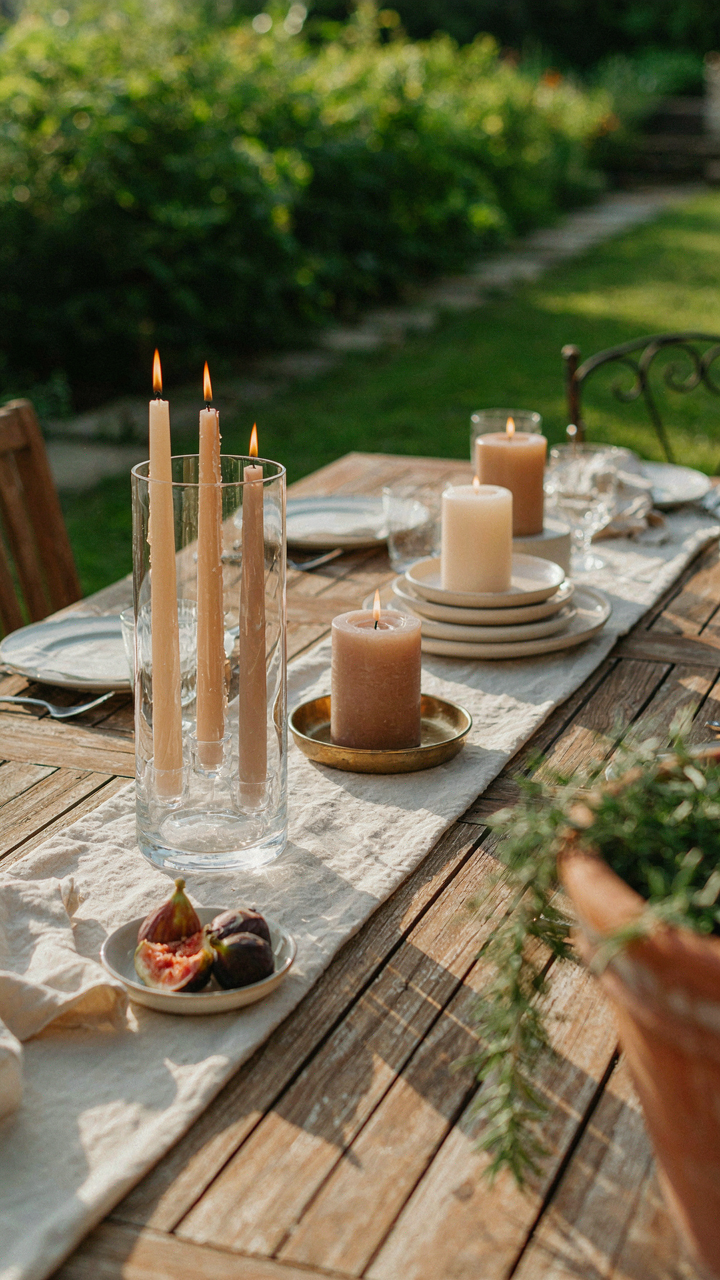 An outdoor table with candle centerpieces protected by different windbreaks.