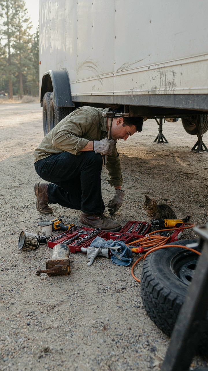 Someone doing maintenance on the underside of a cargo trailer camper.