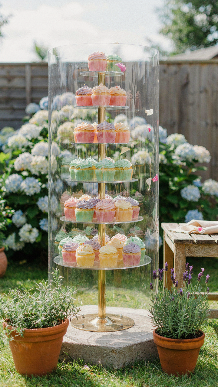 A strong, well-anchored outdoor cupcake display withstands windy conditions.