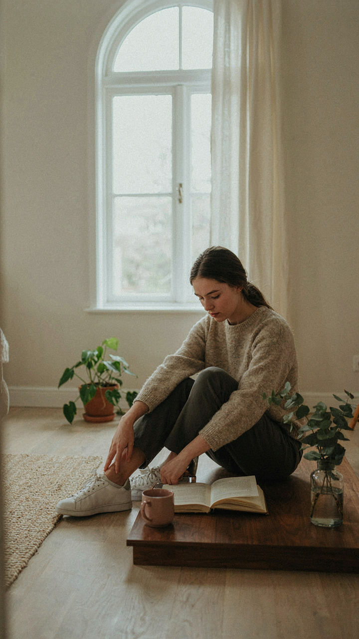 A person sits comfortably on the ground with proper spinal alignment.