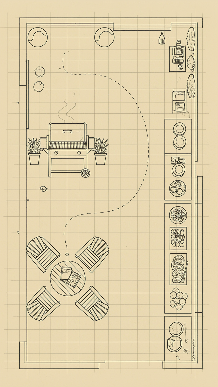 A detailed blueprint shows the optimized layout for a backyard Labor Day cookout.