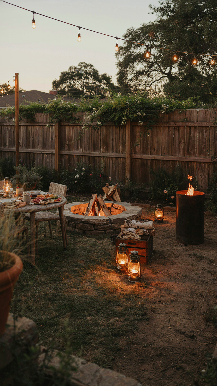 A well-designed backyard uses various lights to create distinct cozy zones.