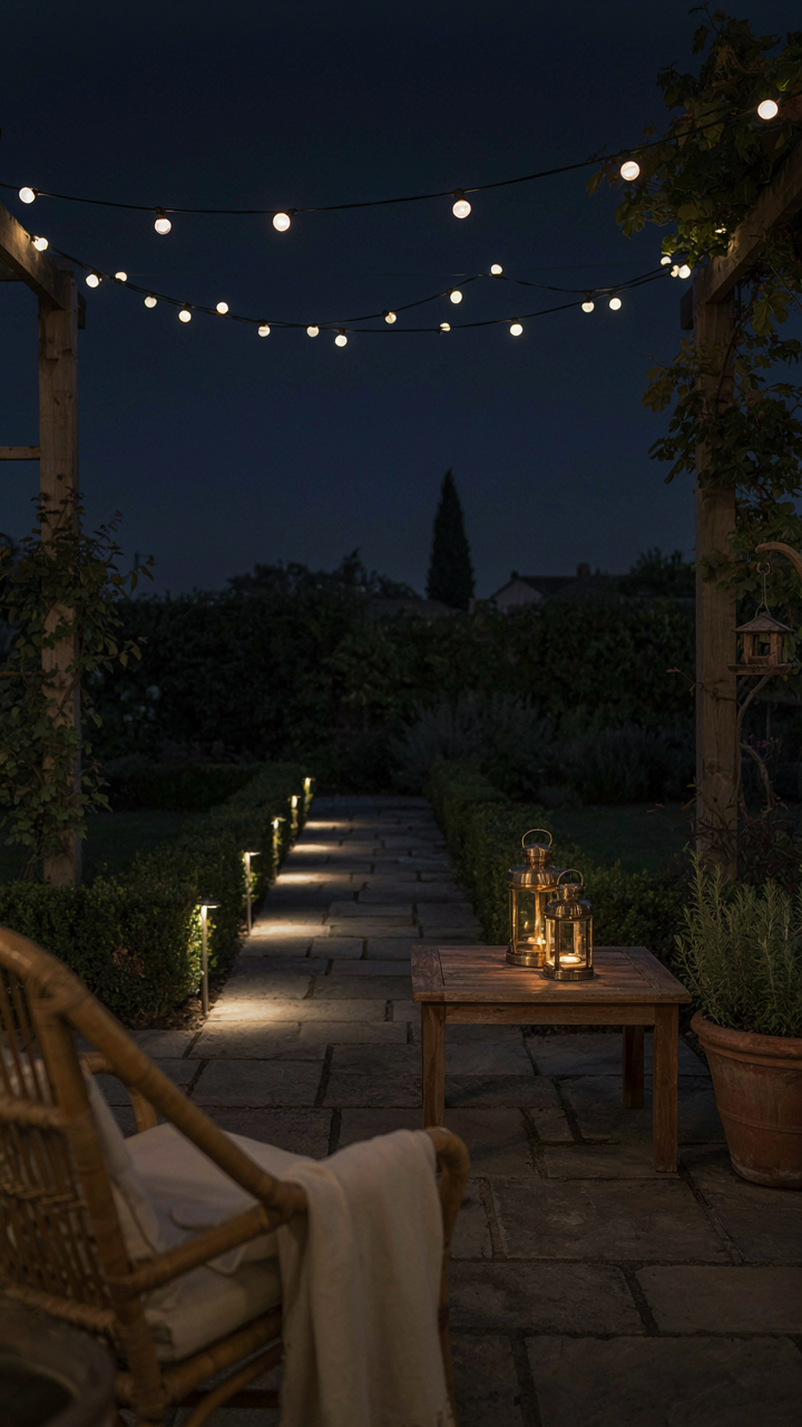 A patio glows warmly at night with well-placed solar light decor.