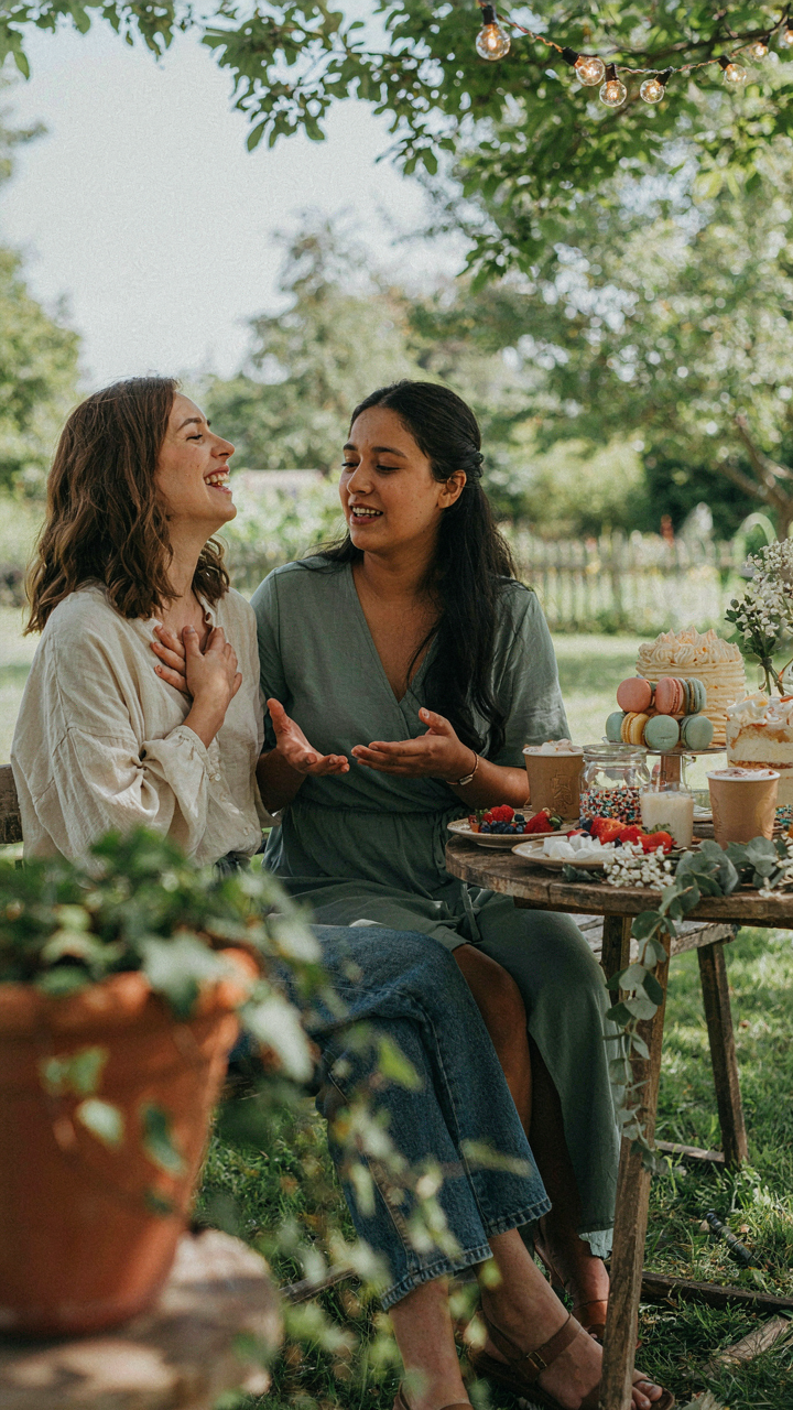 Two friends talk and laugh by an outdoor birthday treat bar.