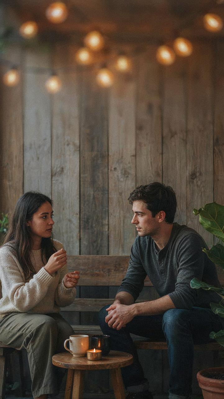 Two people have a deep conversation under soft string lights at a new years eve backyard gathering.