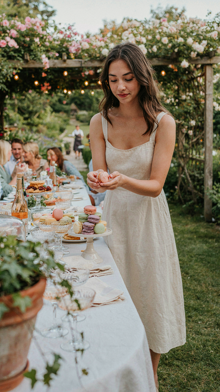 A person placing a homemade macaron onto a garden party dessert table.