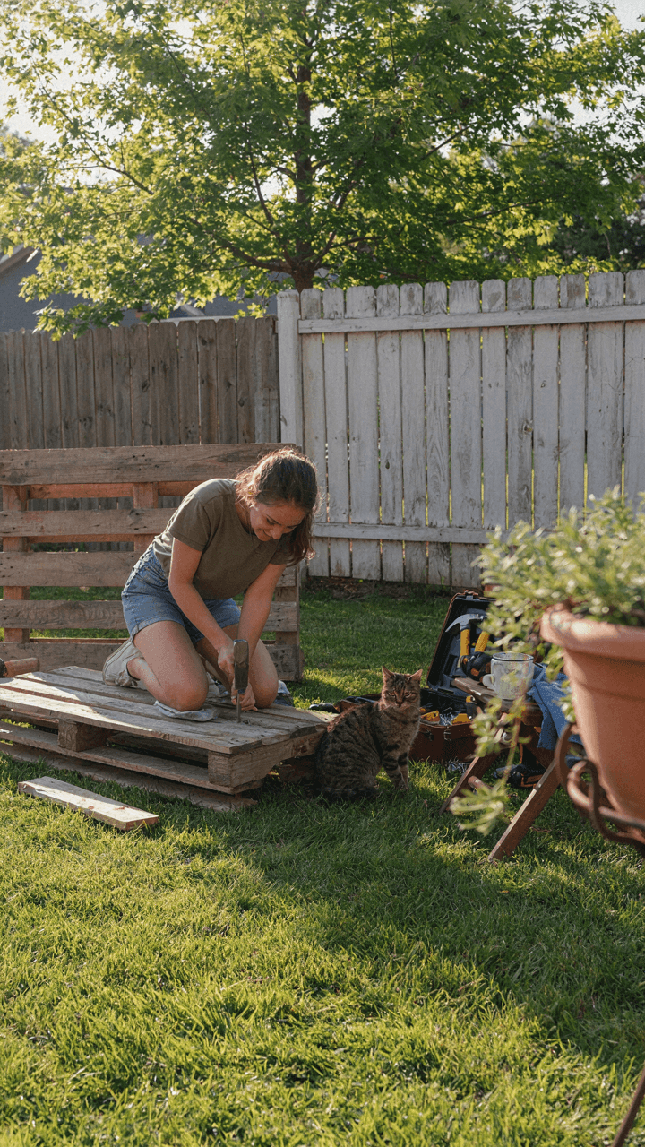 A person builds a diy outdoor lounge area on a sunny morning.