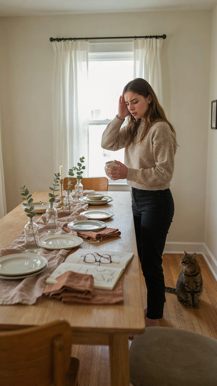 A stressed person looking at many decor options for a long table.