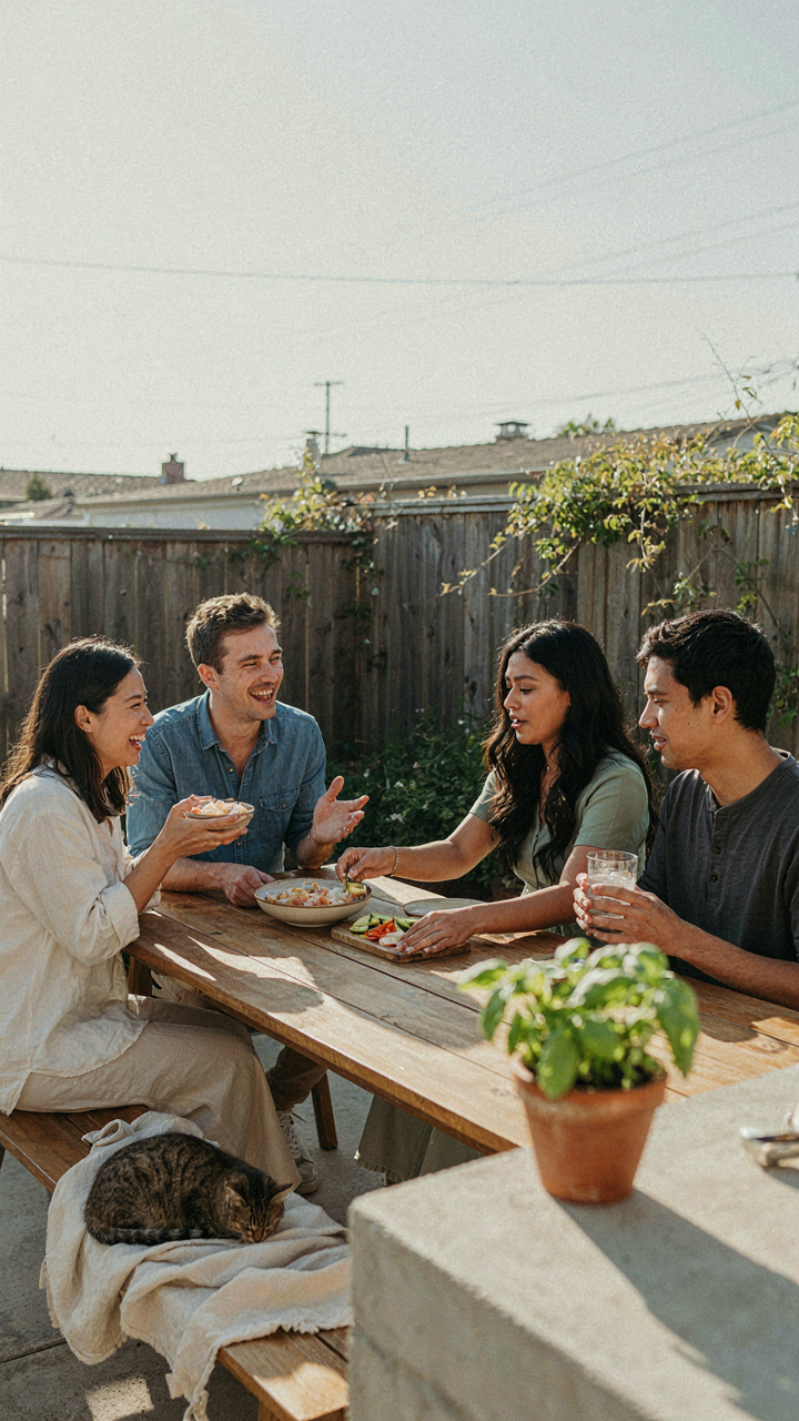Friends laugh and eat simple cold dishes at an outdoor gathering.