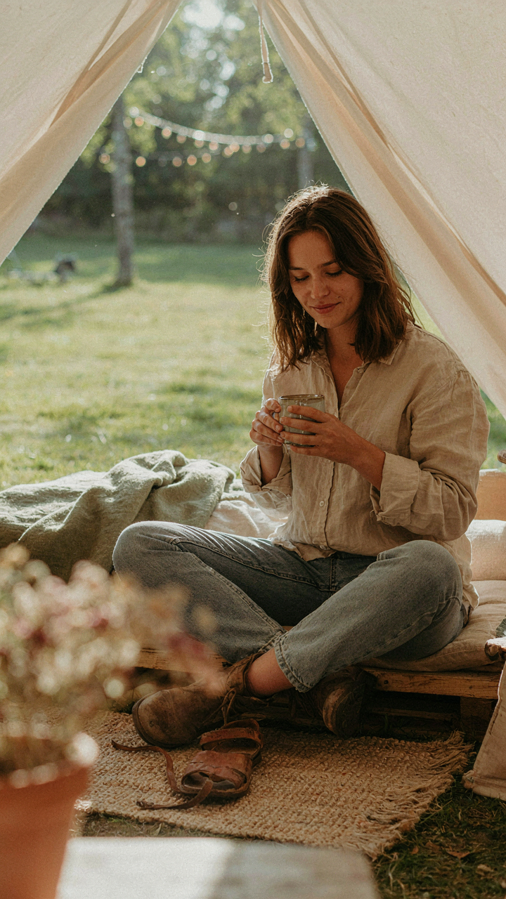 A person relaxing comfortably inside a well-set-up festival tent.