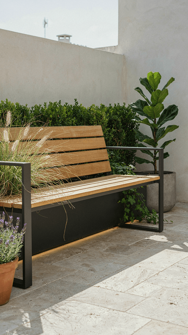 A modern garden bench corner with lighting and plants is a functional gathering spot.