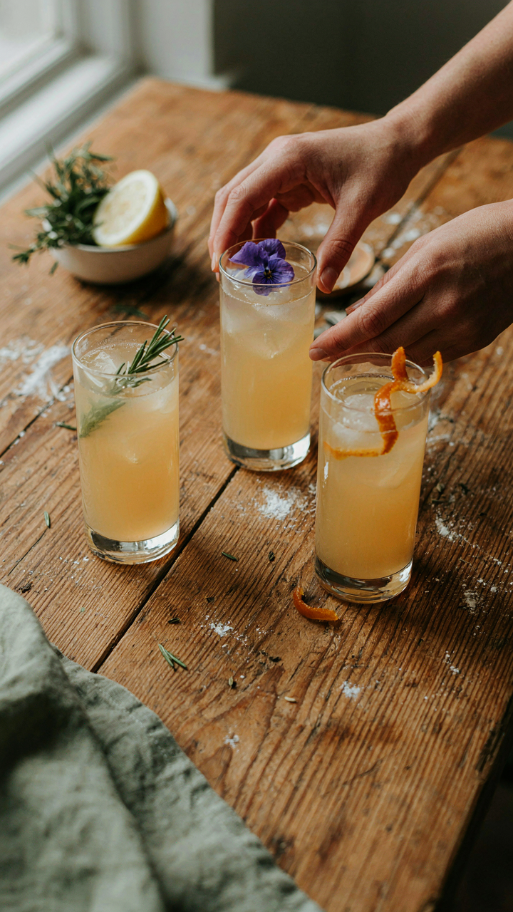 Hands experimenting with three different mocktail garnishes on glasses.