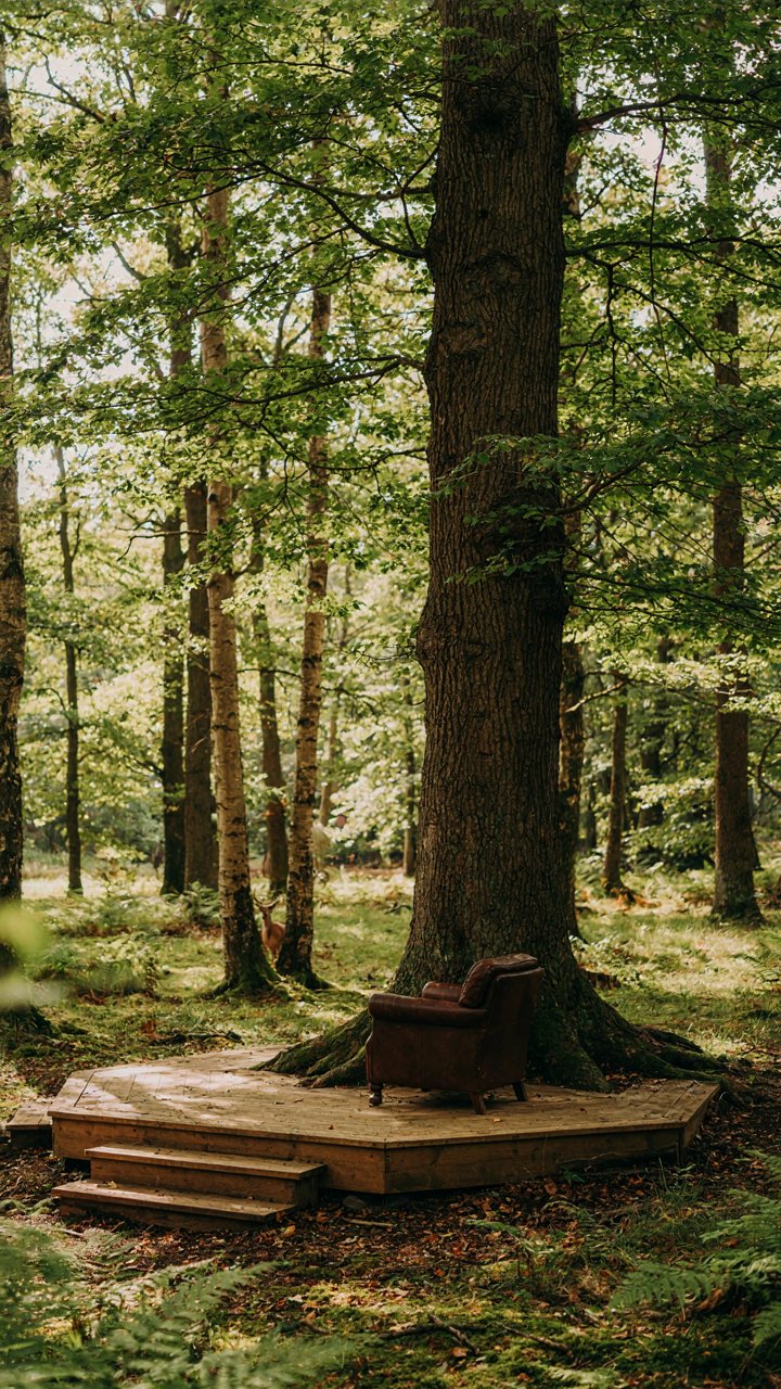A small wooden deck built around a large oak tree in a forest.