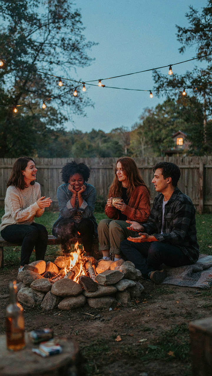 Friends laugh and share stories around a simple outdoor fire pit.