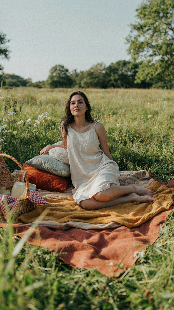 A person relaxes comfortably on a soft, layered picnic blanket.