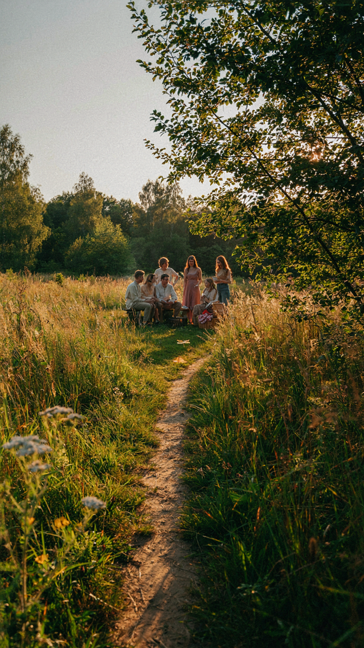 A winding path leads through tall grass to a hidden clearing with people.