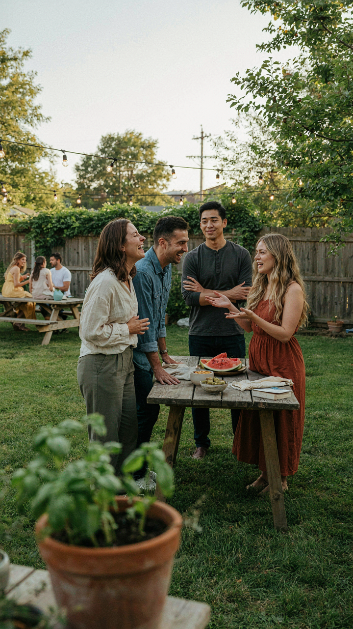 People at a backyard party are genuinely laughing and talking.