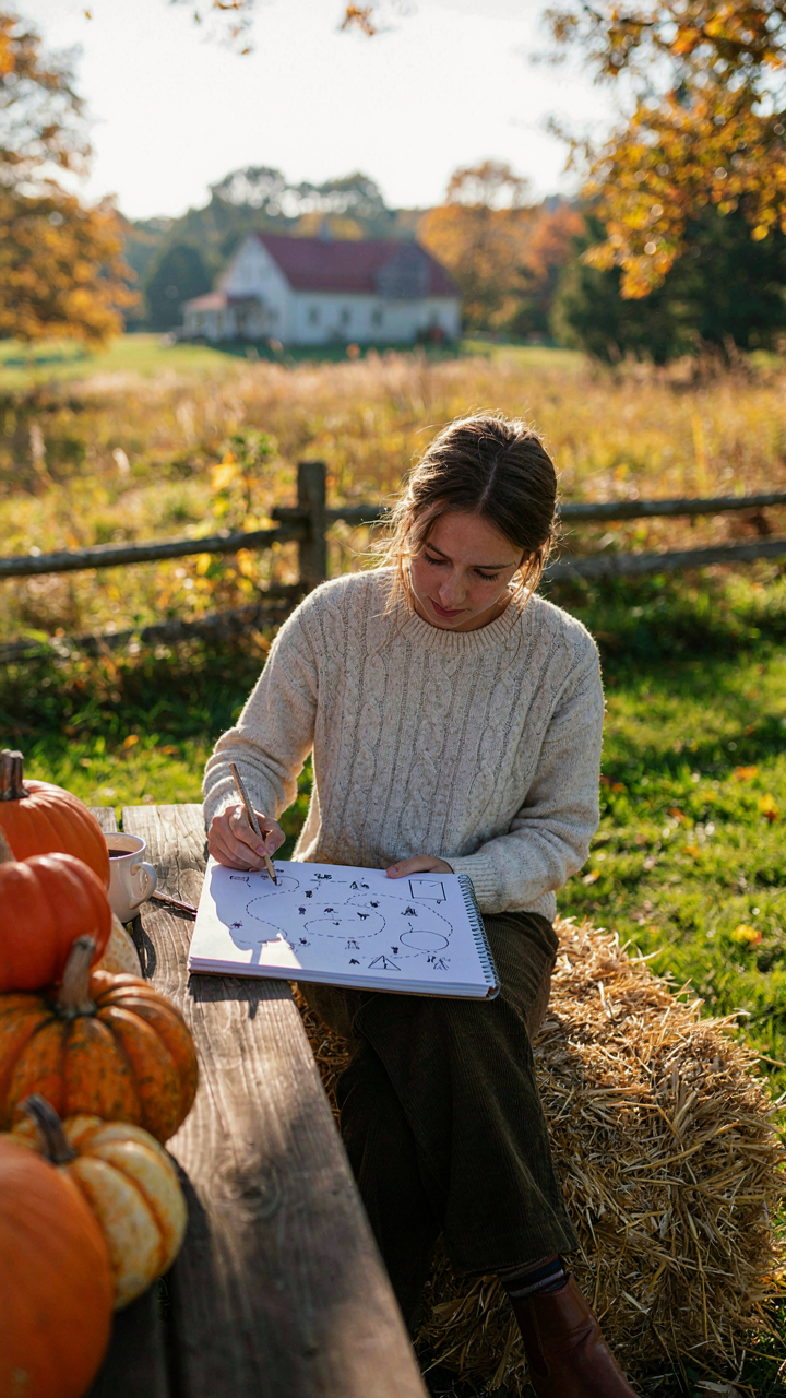 A designer sketching an outdoor party layout with pumpkins and hay bales.
