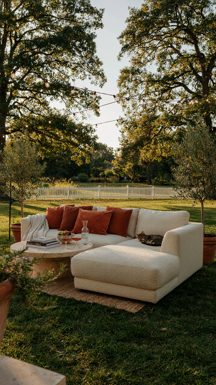 An empty, beautifully decorated backyard lounge party setup.