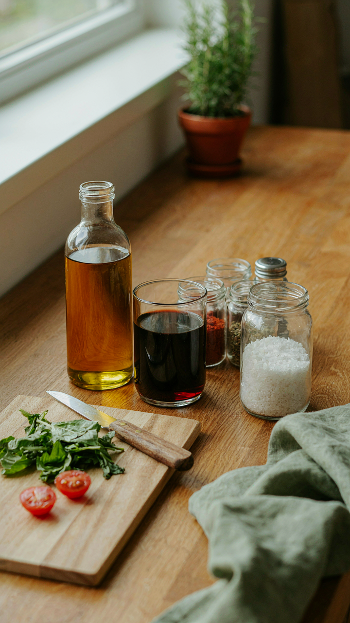 Containers of oil, vinegar, salt, and spices sit on a workbench.