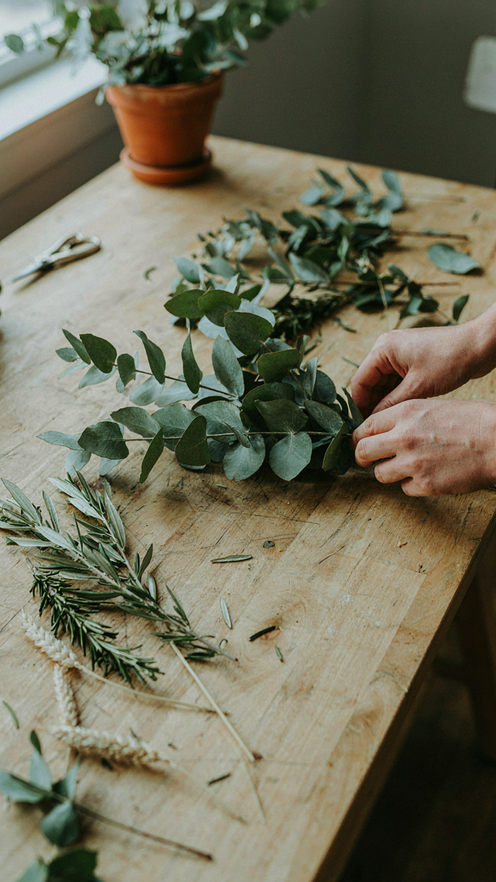 Hands arranging eucalyptus and other greenery stems on a wooden table.