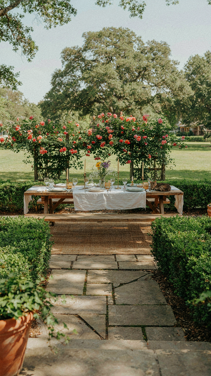 A beautifully designed backyard patio with a stylish picnic table.