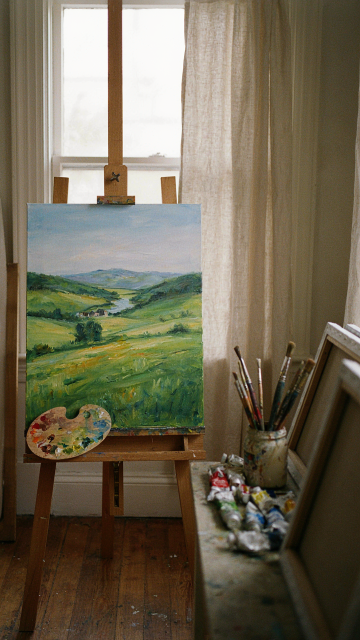 A painter's easel with a single landscape painting in a studio.