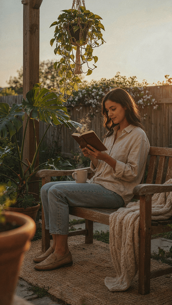 A person reading a book peacefully in a cozy backyard reading nook.
