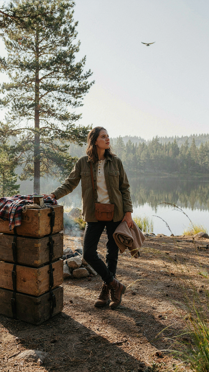 A person stands confidently by a camping crate system in a serene wilderness setting.